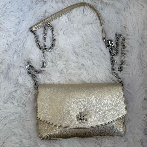 Tory Burch Robinson Metallic Gold Leather Crossbody Removable chain NWOT - Picture 2 of 14